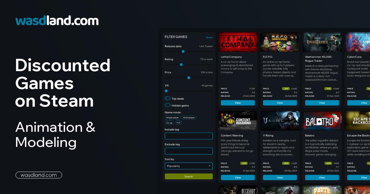 Best Animation & Modeling Steam Games on Sale · July 2026 · wasdland.com