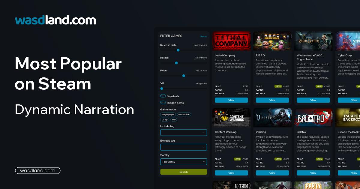 Most Popular Dynamic Narration Games on Steam · June 2026 · wasdland.com