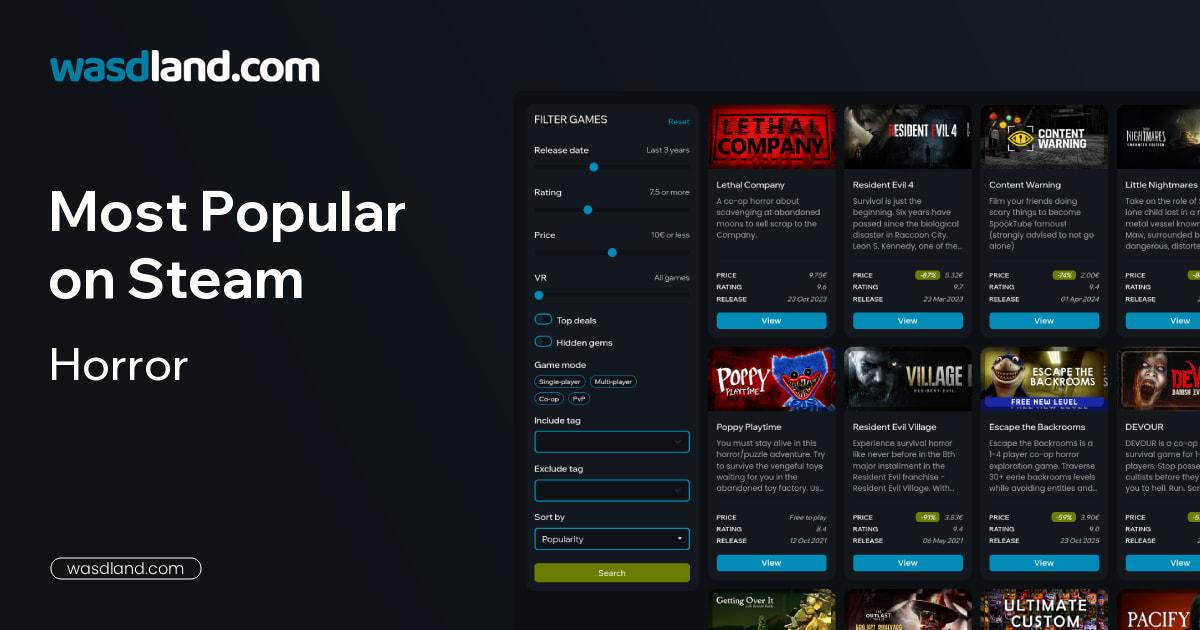 Most Popular Horror Games on Steam · August 2026 · wasdland.com