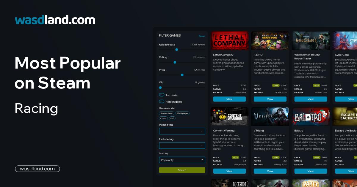 Most Popular Racing Games on Steam · August 2026 · wasdland.com